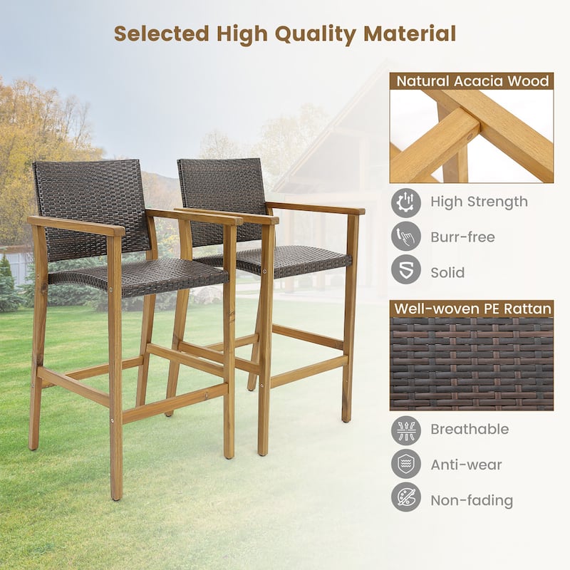 Gymax Patio Rattan Bar Stool Set of 2 Outdoor PE Wicker Bar Chairs w/