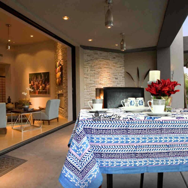 Artistic Floral Block Print Cotton Tablecloth Collection - 60 x 90 in