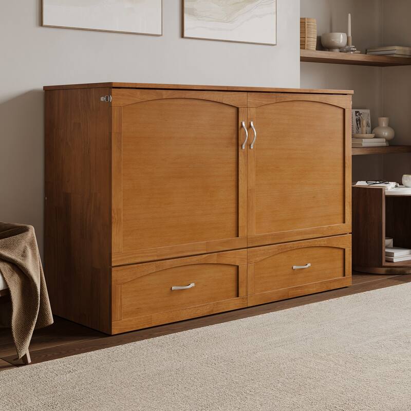 Marion Queen Murphy Bed Chest with 6" Mattress, Storage Drawer & Built-In Charger - Light Toffee