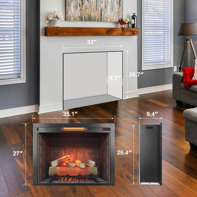 33 inch Infrared Electric Fireplace Insert, Touch Panel Home Decor Heater