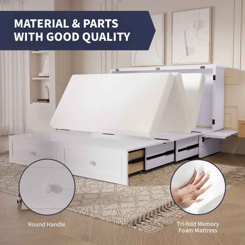 Mixoy Queen Size Murphy Bed Chest with Mattress and Storage
