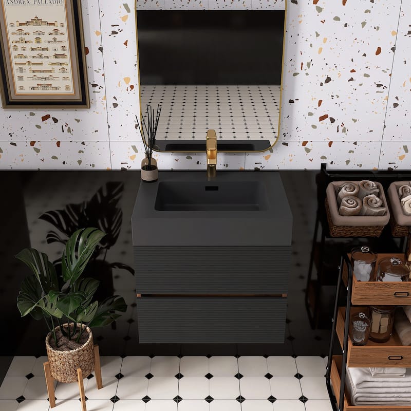 Wall Mounted Bathroom Vanity with Solid Surface Sink and Soft Drawers