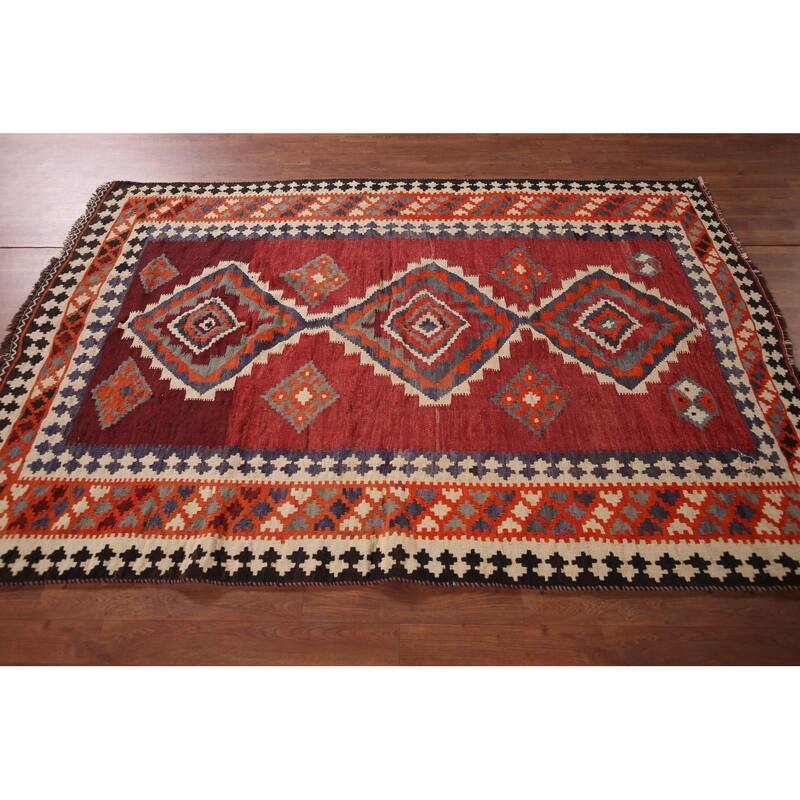 Geometric Kilim Qashqai Persian Area Rug Flatweave Wool Carpet - 5'1"x 7'3"