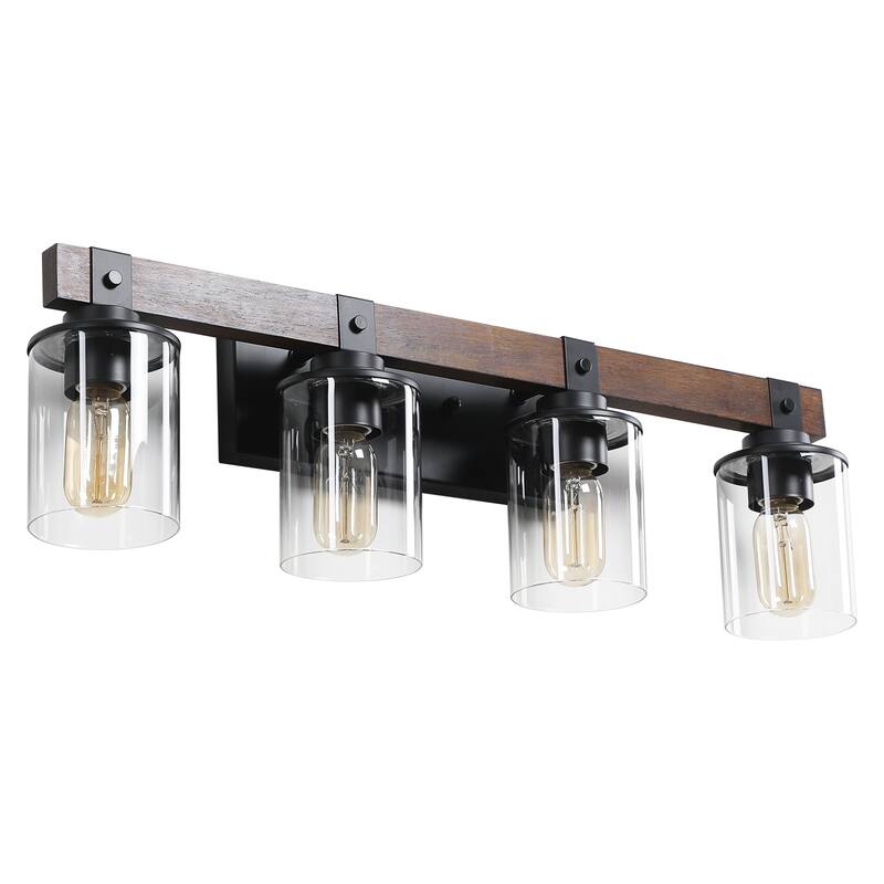 27" Rustic 4-Light Vanity Light, Industrial Bathroom Wall Sconce with Glass Shades and Wood Accent (No Bulbs) - Walnut