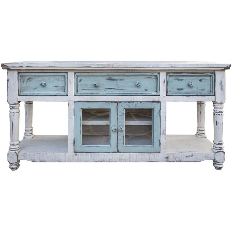 HomeRoots 70" Blue and White Solid Wood Open shelving Distressed TV Stand - 70' X '34.75' X '19