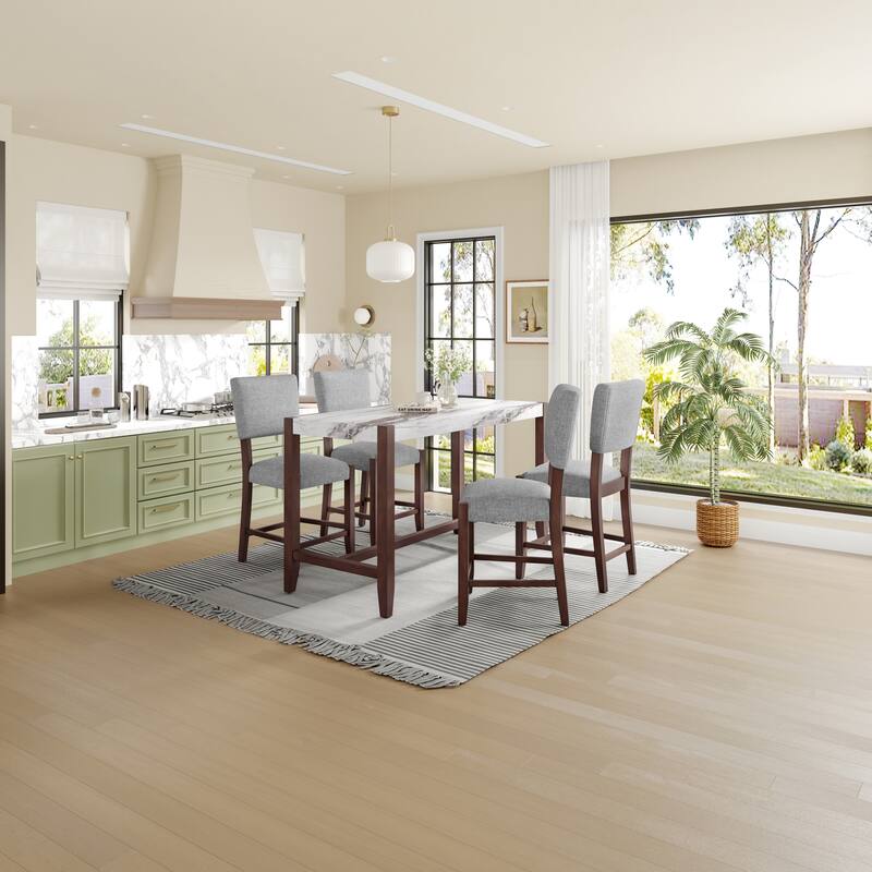 5-Piece Counter Height Dining Table Set Faux Marble Bar Table and 4 Armless Chair, Modern Dining Table Set for Pub Kitchen