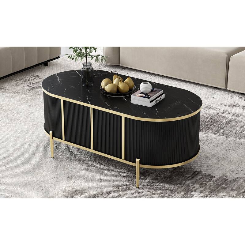 47.2" Modern Oval Coffee Table with Marble-patterned Top and 2 Cabinets