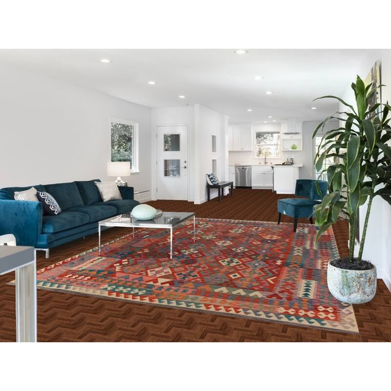 Geometric Kilim Reversible Area Rug Hand-Woven Wool Carpet - 8'1"x 11'2"