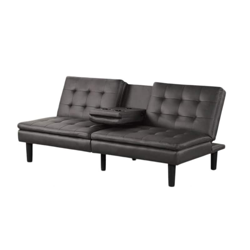 Berie Futon Sofa Bed, Drop-Down Tray and Cupholder, Gray Faux Leather
