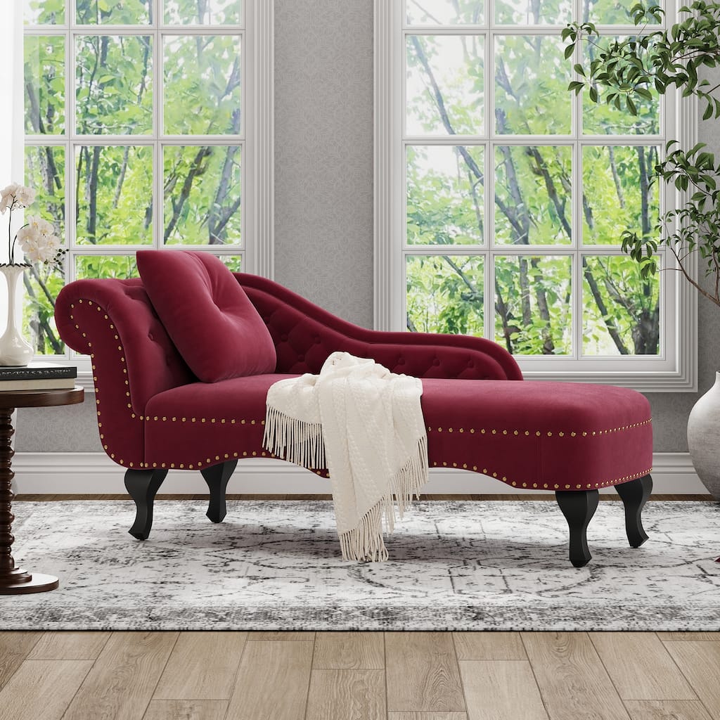 Christopher Knight Home - Bressi Modern Velvet Upholstered Chaise Lounge with Tufted Backrest, Nailhead Trim & Pillow