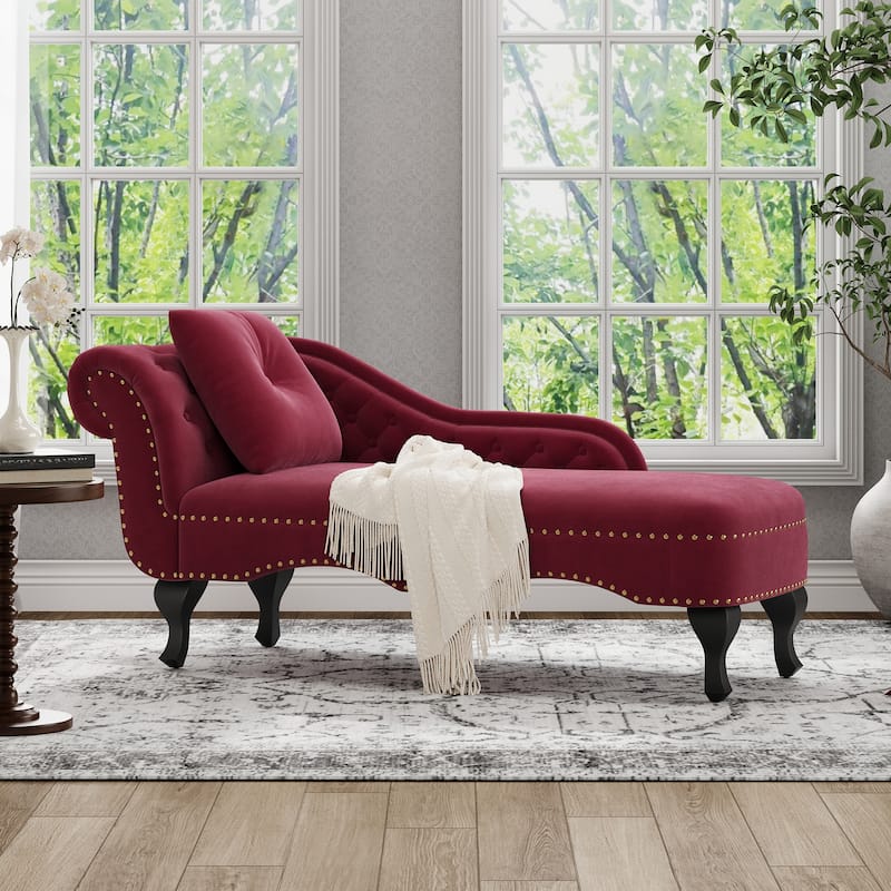Christopher Knight Home - Bressi Modern Velvet Upholstered Chaise Lounge with Tufted Backrest, Nailhead Trim & Pillow - Burgundy