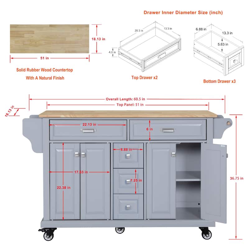 Cambridge Natural Wood Top Kitchen Island with Storage and Casters