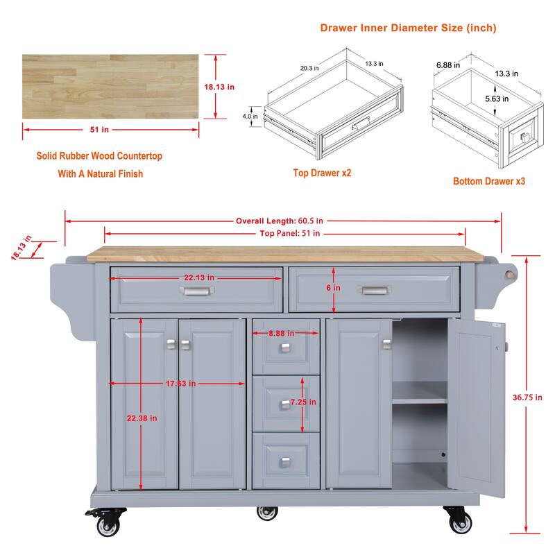 Kitchen Cabinet with Adjustable Shelves, Kitchen Island with Drawers, Kitchen Storage Cart with Built-in Spice Rack