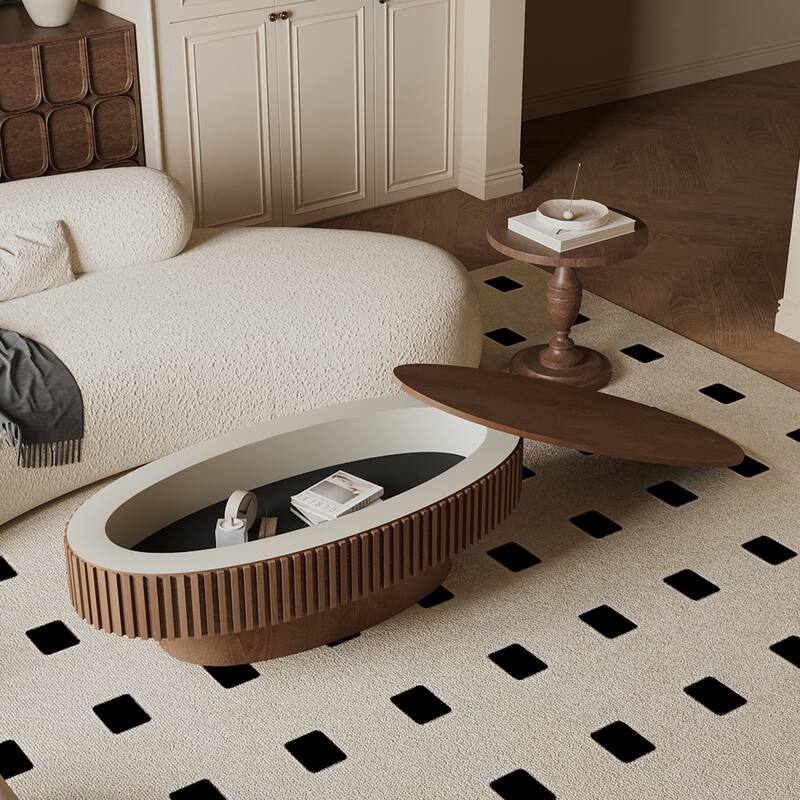 Modern Solid Wood Veneered Round/Oval/Rectangular Coffee Tea Table with Storage.