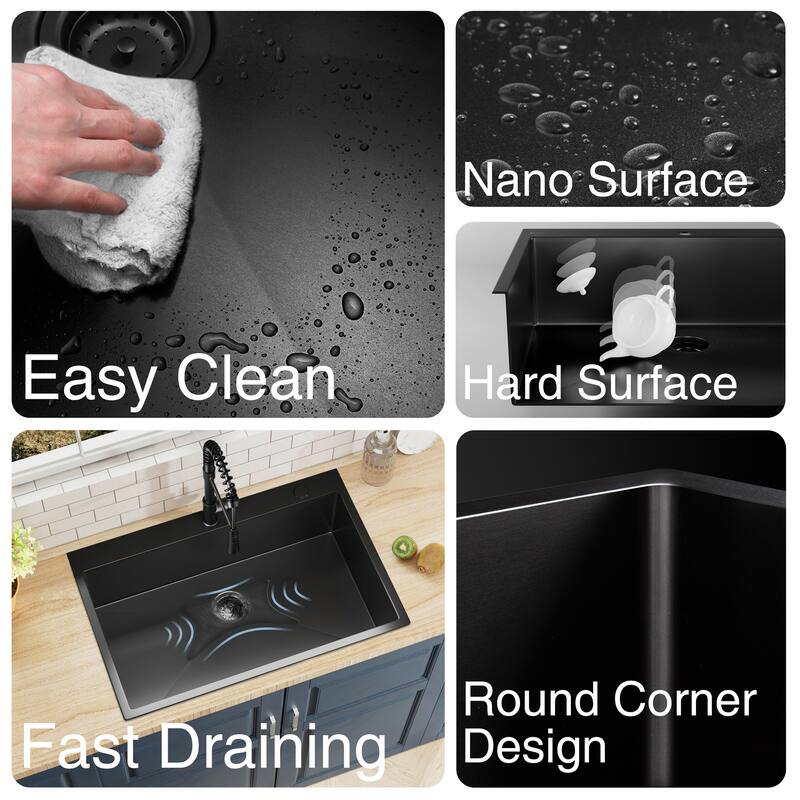 33 inch Drop-in Single Bowl Kitchen Sink, 18 Gauge Black Stainless Steel Kitchen Sink, Handmade Topmount Sink