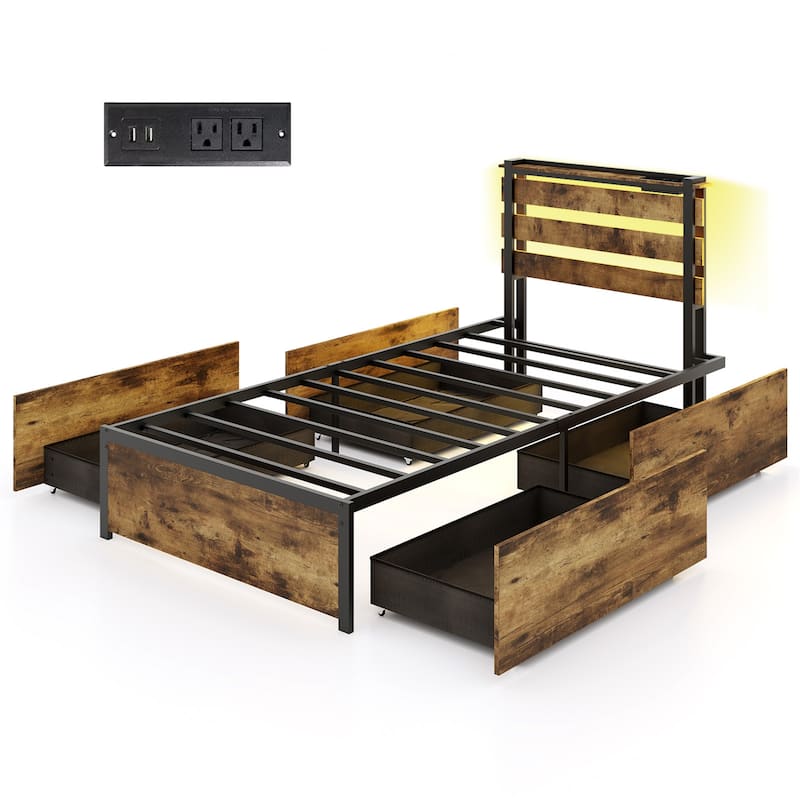 Gymax Twin Size Bed Frame w/ Drawers LED Lights Outlets & USB Ports - Brown - Twin