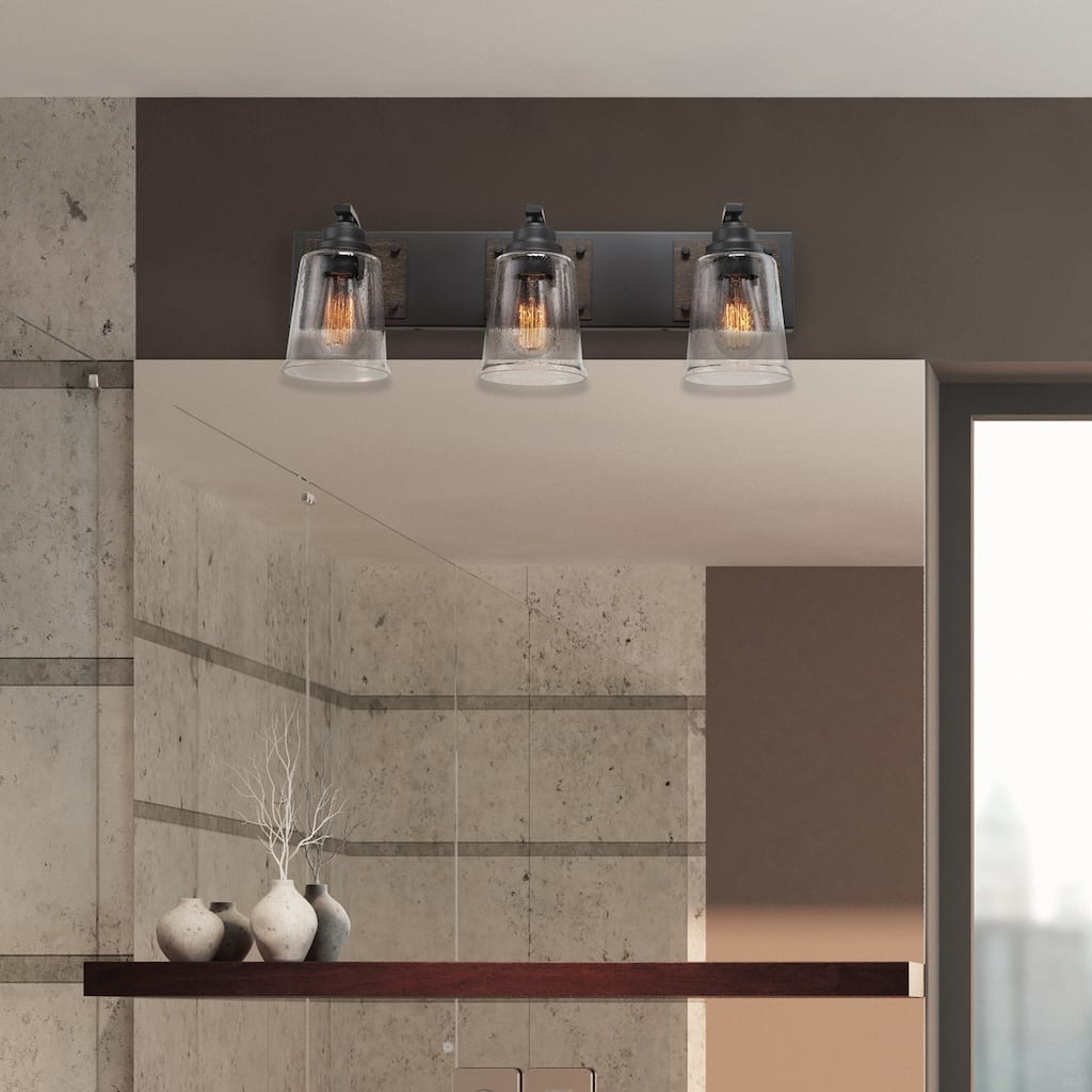 Warsaw 3-Light Matte Black Vanity Light with Dark Faux Wood Accents - one size