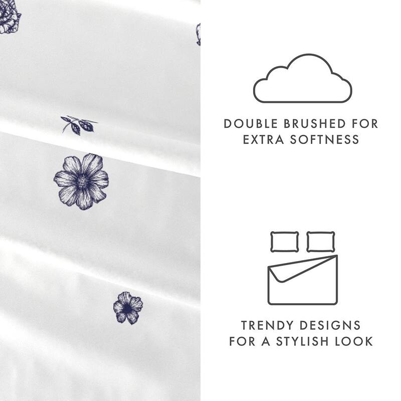 Becky Cameron Indigo Flowers Pattern 4 Piece Deep Pocket Bed Sheet Set