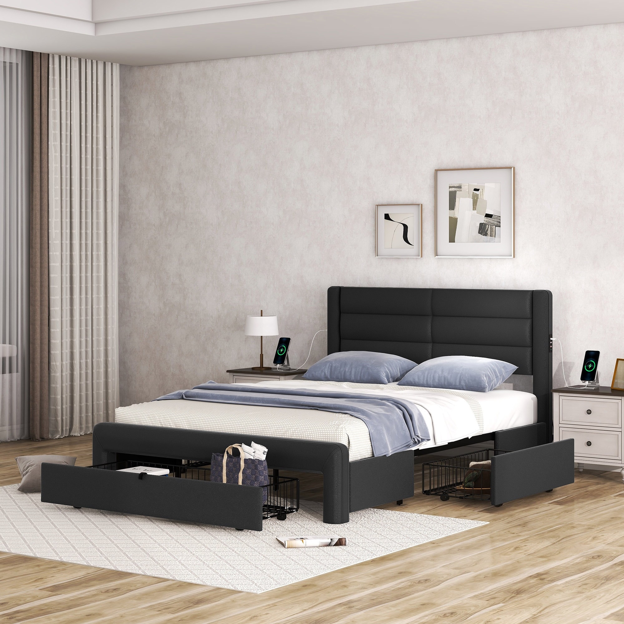 Black Queen Storage Bed Leather Wood Platform Bed Frame w/ Footboard Drawers,  Charging Station Headboard, 2 Side Drawers - Bed Bath \u0026 Beyond - 39485185, image size:2000x2000