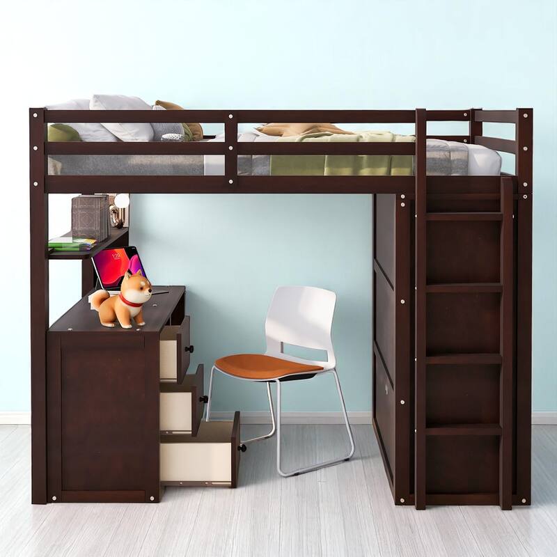 Wooden Twin/Full Loft Bed with Built-in Desk, Wardrobe Closet & Storage Drawers, Guardrail Design