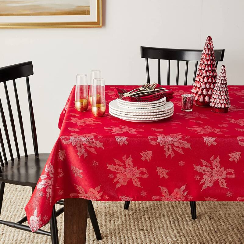 Violet Linen Sparkling Christmas Holly Bows Damask Pattern Tablecloths