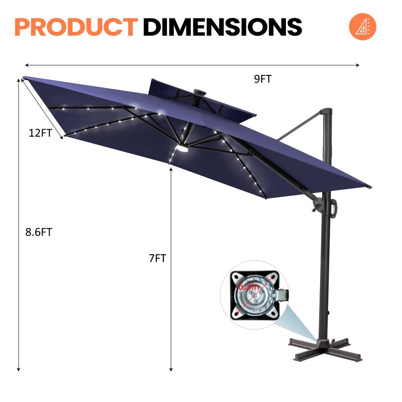 12 x 9 FT Outdoor Patio Cantilever Umbrella with Solar Lights Double Canopy 360 Rotation Tilt
