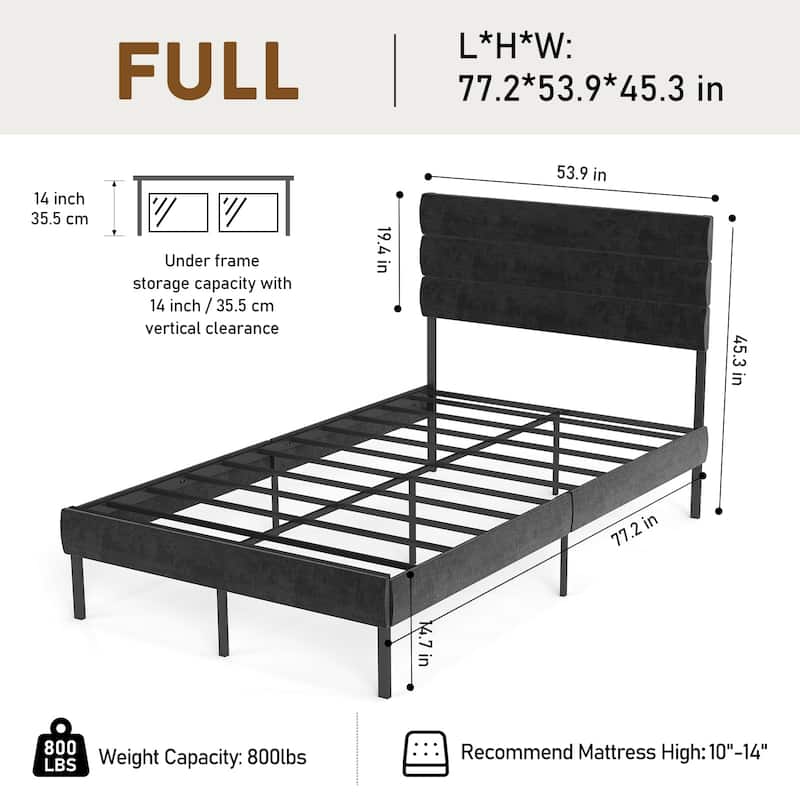 Full Size Upholstered Platform Bed Frame - With Headboard, No Box Spring Needed, 14" Underbed Storage​