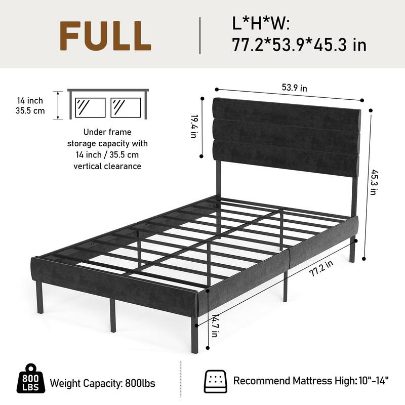 Full Size Upholstered Platform Bed Frame with 14'' Underbed Storage and Linen Headboard