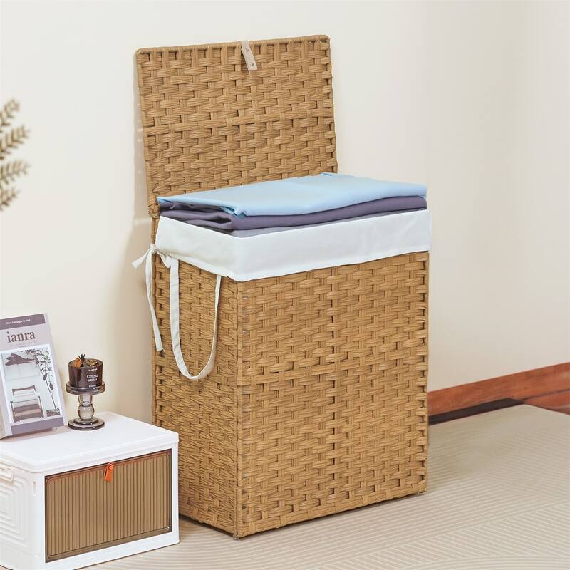 Laundry Hamper with Lid, Synthetic Rattan Clothes Laundry Basket with Lid and Handles, Foldable, Removable Liner