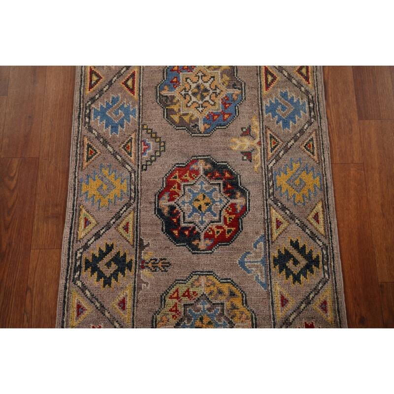 Geometric Brown Kazak Oriental Runner Rug Hand-Knotted Wool Carpet - 1'11" x 5'11"