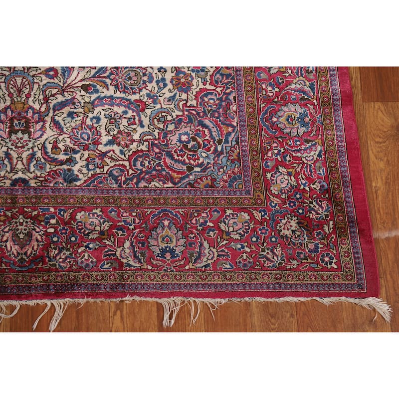 Hand Knotted Oriental Silk Carpet Traditional Floral Beige & Ivories Kashan Area Rug - 6' 7'' X 4' 2''