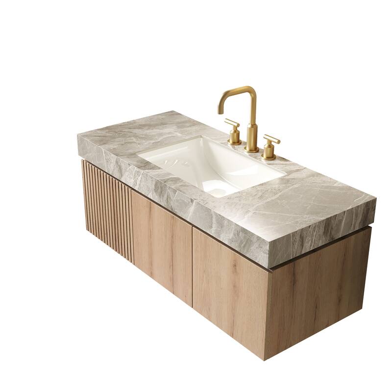 Floating Bathroom Vanity with Sintered Stone Top & Undermount Ceramic Basin with Three Pre-drilled Faucet Holes
