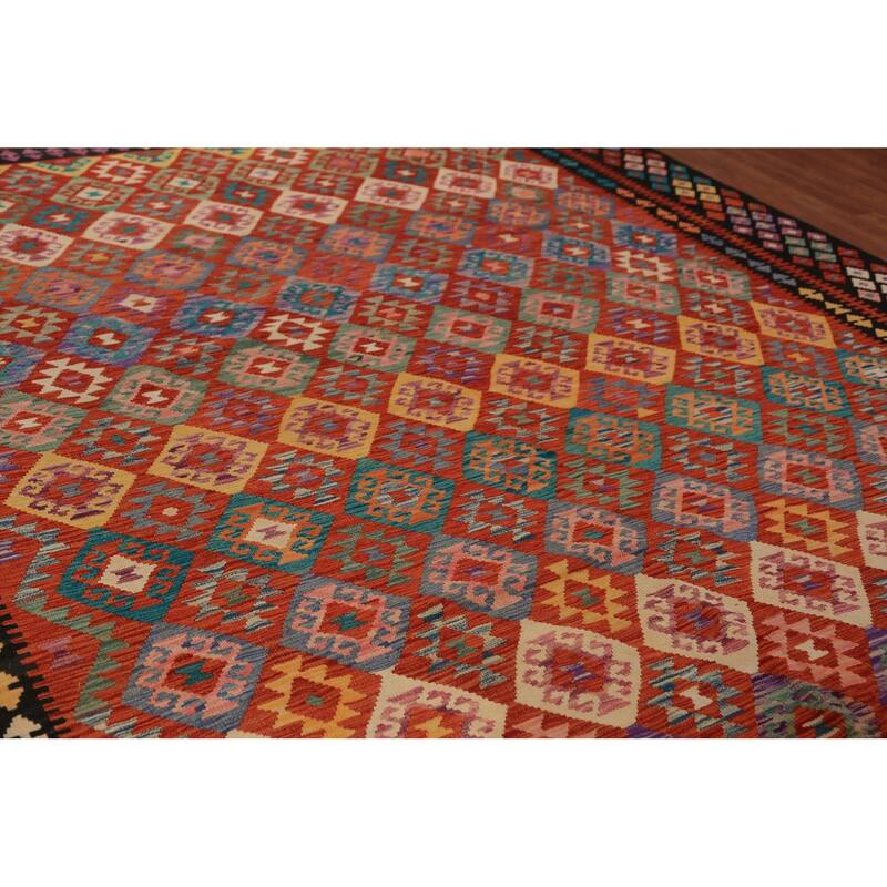Reversable Kilim Oriental Area Rug Hand-Woven Orange Wool Carpet - 9'11"x 13'0"