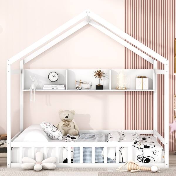 slide 2 of 20, Full-Size House Bed with Roof & Storage,