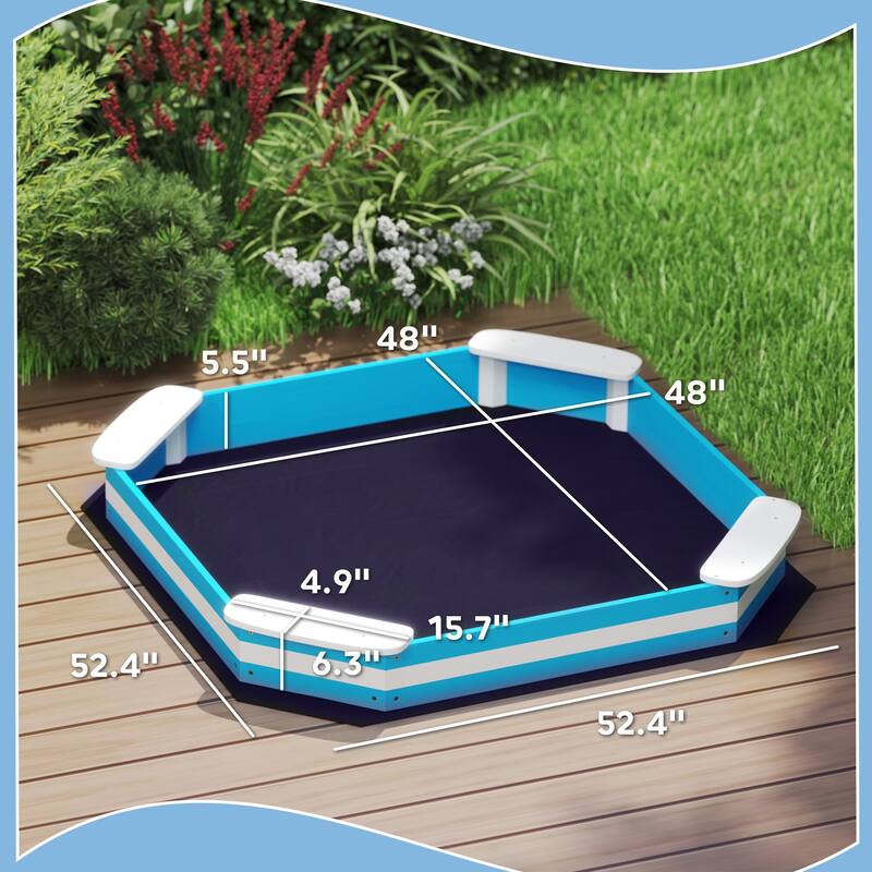Blue-White Fir Wood Kids Sandbox with Four Seats and Nautical Design - 52.4" L x 52.4" W x 6.3" H