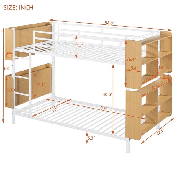 dimension image slide 1 of 2, Twin Over Twin Metal Bunk Bed with Ladder & Storage Shelves, No Box Spring, White