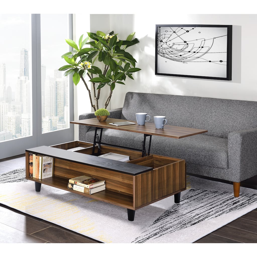 47" W Coffee Table w/Lift Top, Walnut & Black