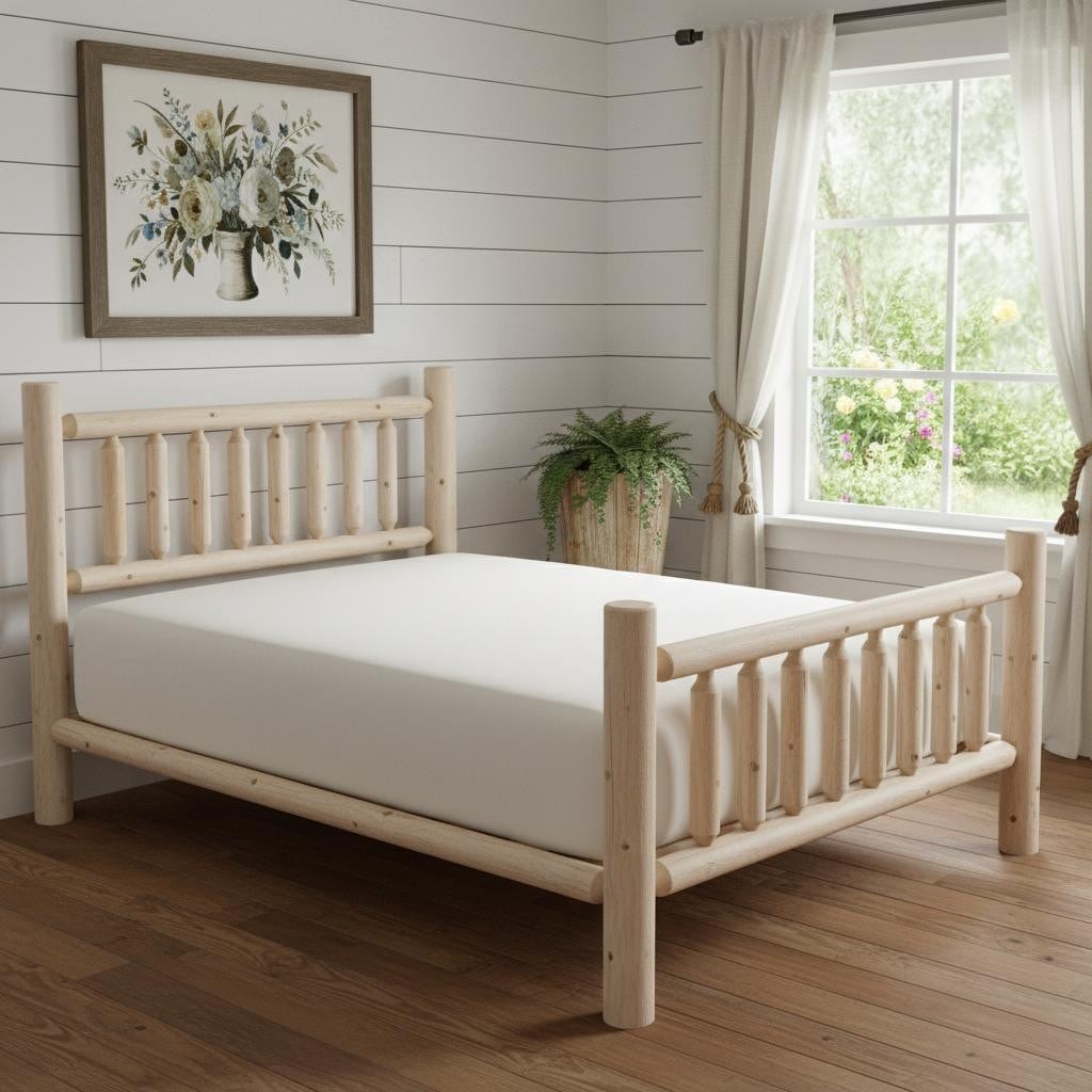 HomeRoots Natural Clear Finish Low Post Cedar Log Double Bed