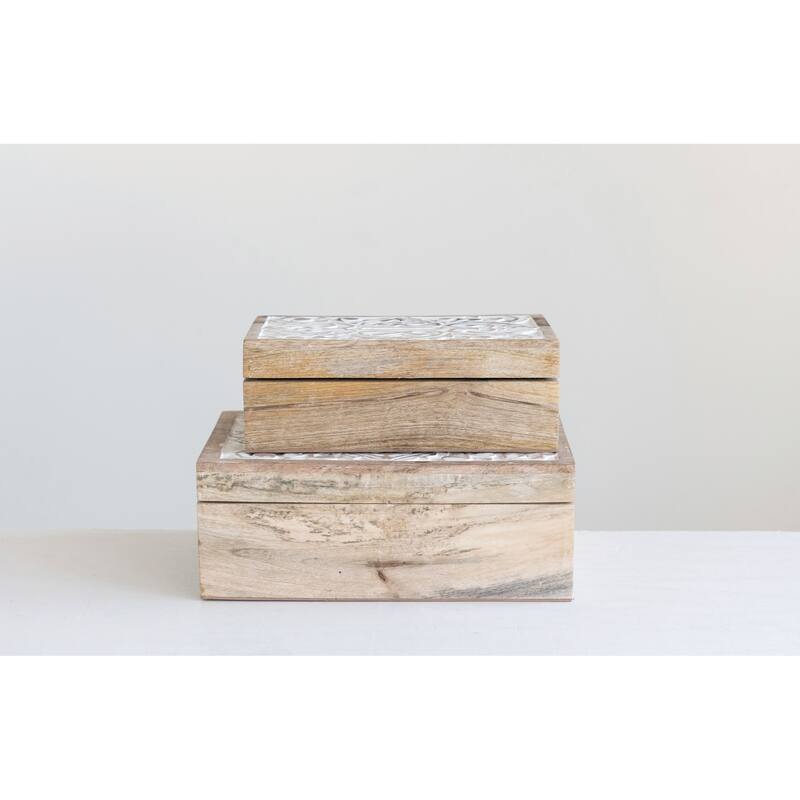 Handcarved & Whitewashed Mango Wood Boxes - 11.0"L x 7.0"W x 4.5"H