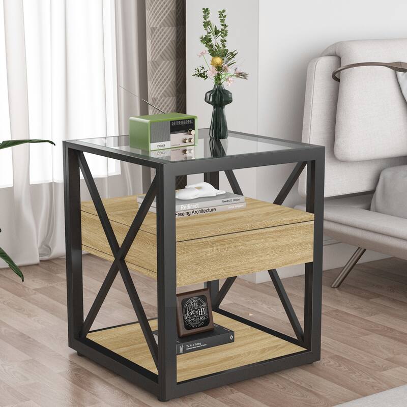 1 Piece Modern End Table With Drawer - Nightstand,Rustic Wood Grain Mdf&Tempered Glass Top, Industrial Style Side Table - Wood