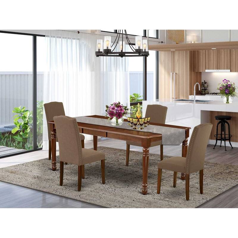 Southwestern Dining Set 5Pc Rectangular Table & 4 Chairs - Dark Coffee Linen Fabric