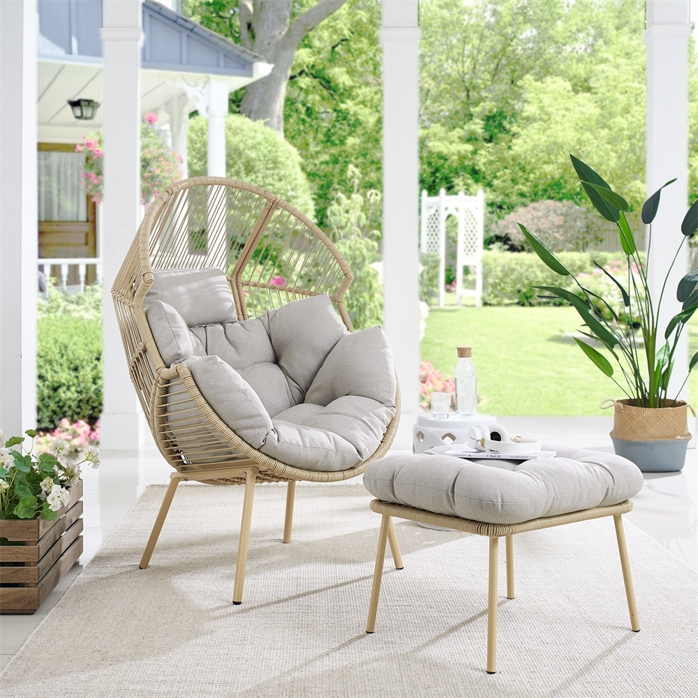 Outdoor Patio Wicker Egg Chair Oversized Lounger Egg Chair Ottoman Beige