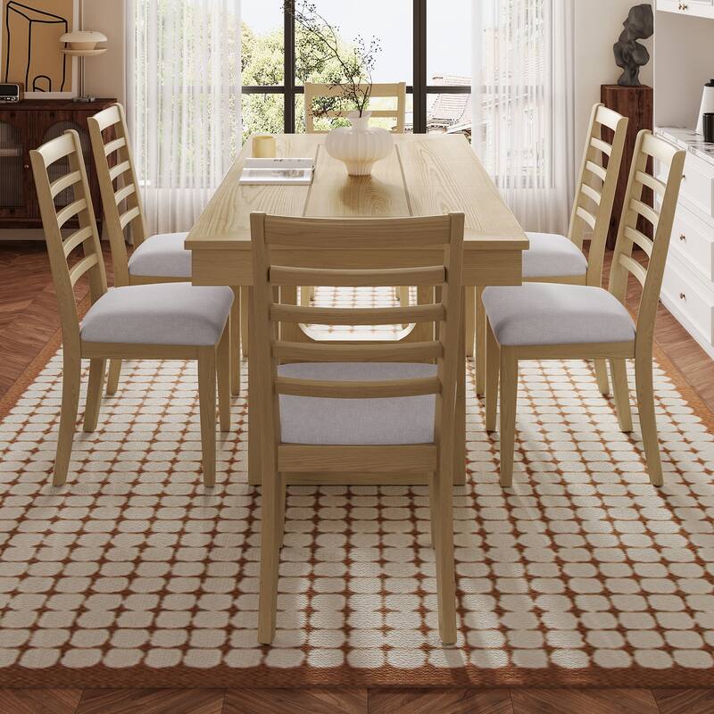 Extendable Farmhouse Dining Set for 6, 78" Rustic Wood Table with 18" Leaf and 6 Upholstered Chairs for Dining Room