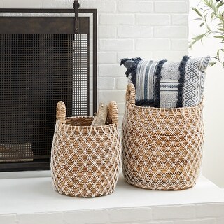 Brown Banana Leaf Handmade String Detail Storage Basket with Handles (Set of 2) - S/2 19", 17"H