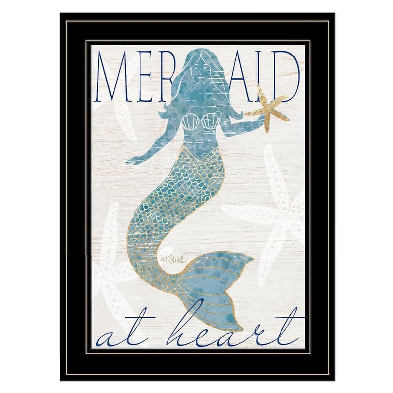 TrendyDecor4U "Mermaid at Heart" Framed Print Wall Art by Kate Sherrill - Blue, Green, Pink - Black