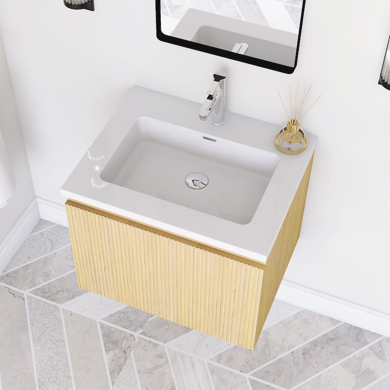 Floating Bathroom Vanity in Yellow Oak with Integrated Resin Top