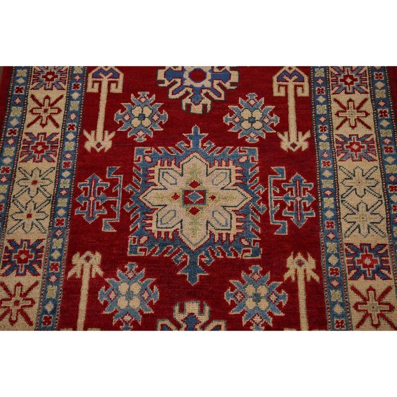 Red Geometric Kazak Foyer Rug Handmade Traditional Wool Carpet - 3'5" x 4'11"