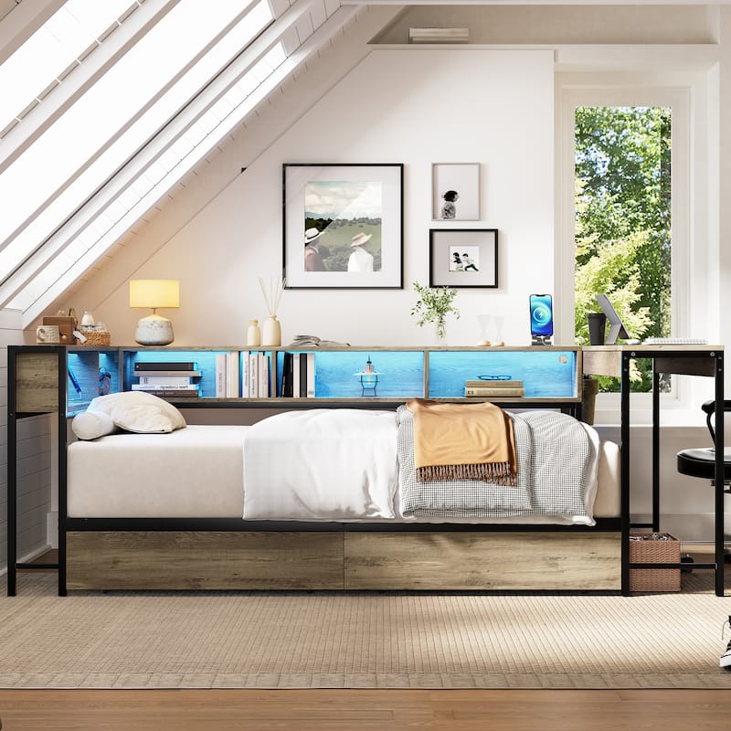 GDFStudio - Modern Corner Bed Frame with Bookcase, 2 Underbed Storage Drawers, LED Lighting & Charging Station