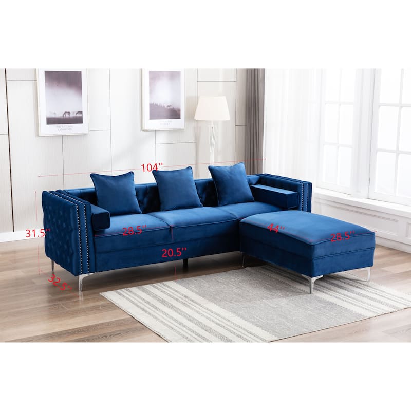 Velvet Standard sectional l shaped Sleeper Sofa with Reversible Ottoman - 104"