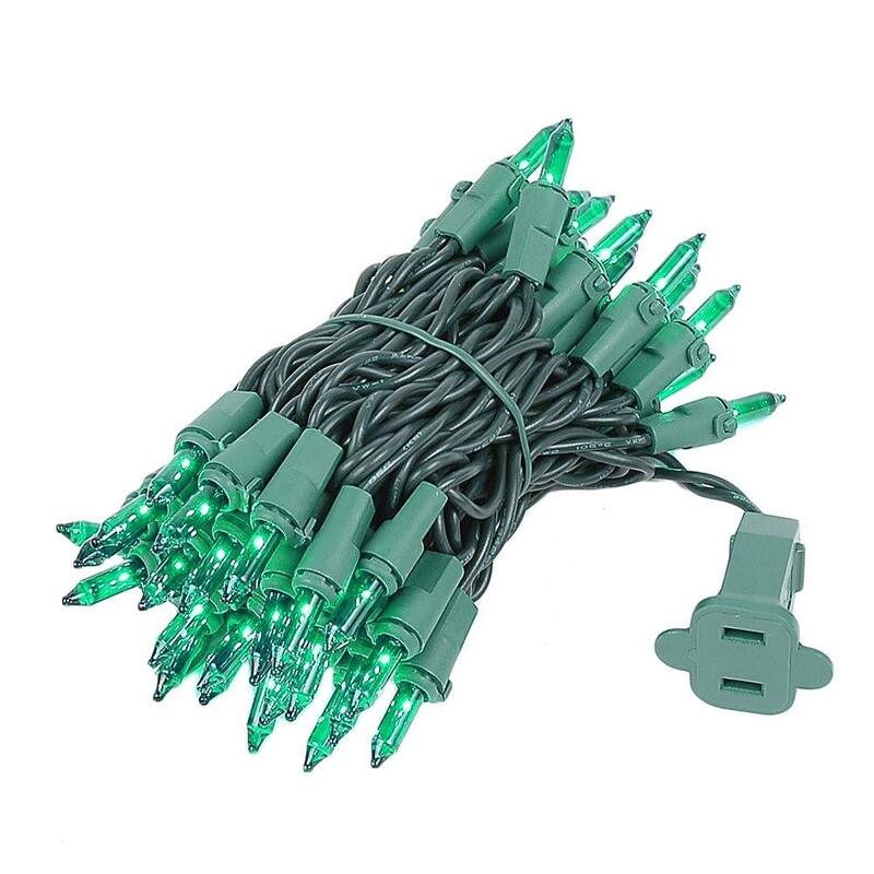 50 Light Christmas Mini Light Set, Green Wire, 11' Long - Green